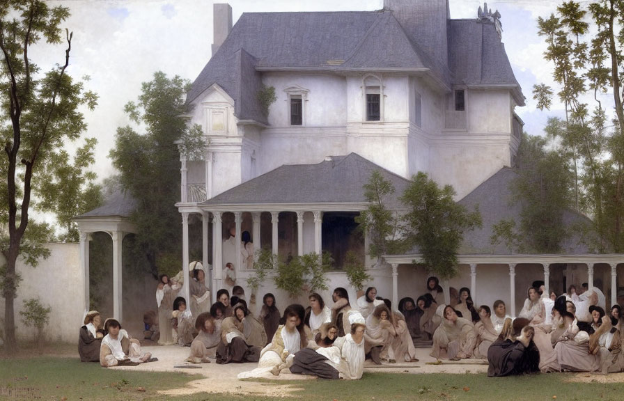 Group of Women Relaxing in Front of Elegant House in Oil Painting