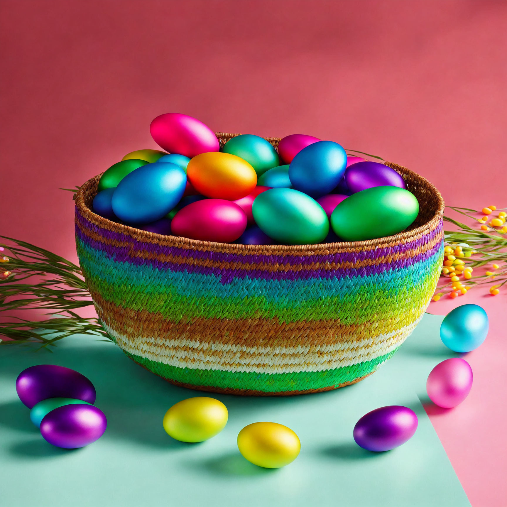 Colorful Easter egg basket on pink and blue background with scattered eggs and plants