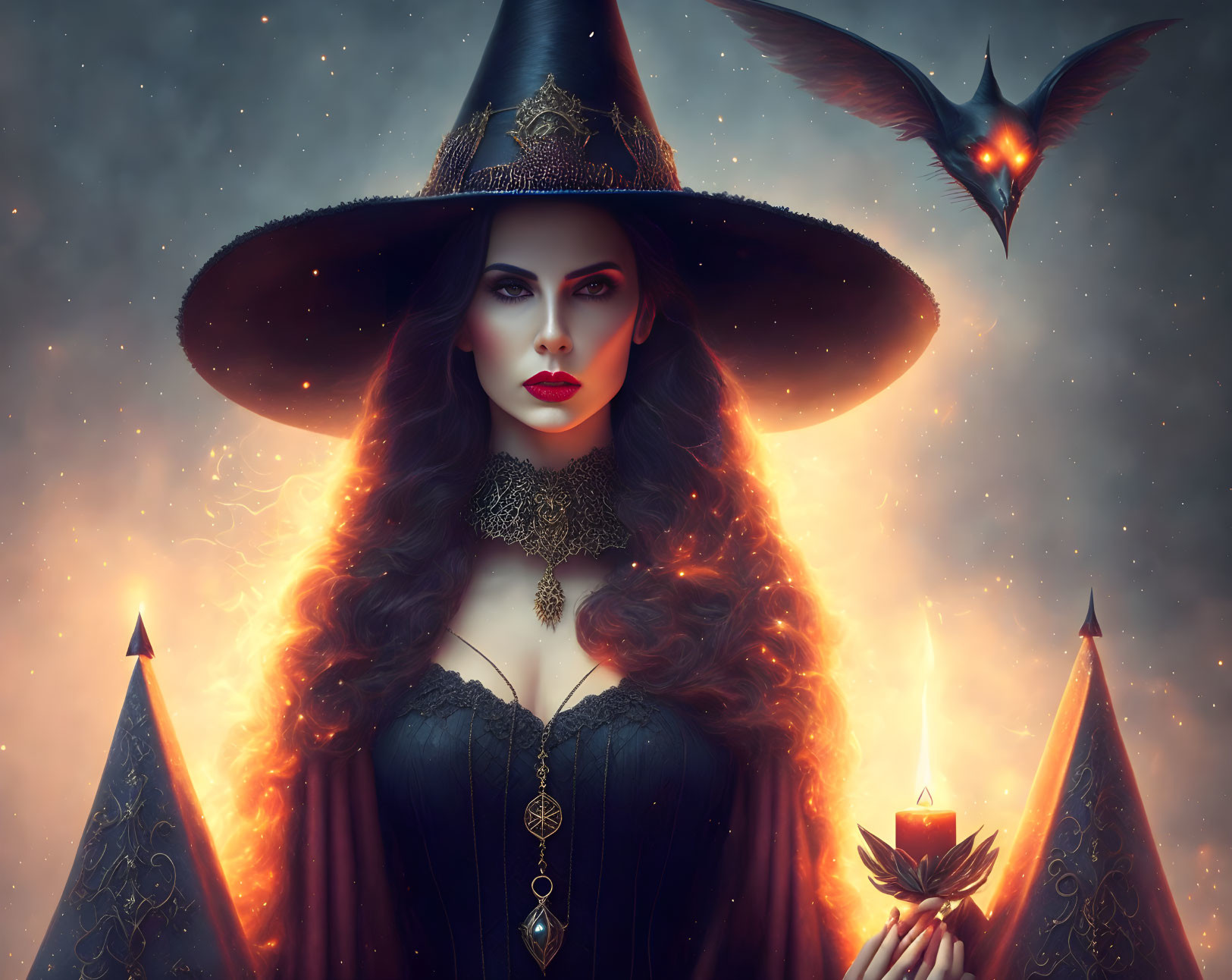 Mysterious woman in witch costume with wide-brimmed hat and glowing fire, accompanied by fiery bat