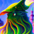 Fantasy castle backdrop with colorful octopus-like creature in wizard hat