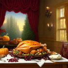 Festive Thanksgiving table with roasted turkey, pumpkins, cranberries, and forest view.