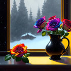 Multicolored roses in vase on snowy forest windowsill