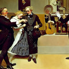 Historical ballroom scene with five figures in formal attire