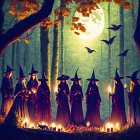 Group of people in witch costumes with candles in misty forest under full moon.