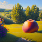 Colorful painting of large apple on grassy path with trees and flowers