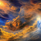 Dramatic swirling clouds in orange, blue, and golden hues