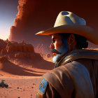 Bearded cowboy in wide-brimmed hat surveys desert landscape