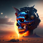 Split skull with starry space, fiery glow, desert birds, and ruins.