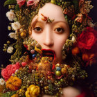 Person with fruits, flowers, and mirror reflection in surreal portrait