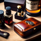 Elegant luxury grooming set with cologne bottles, leather case, and metallic emblems