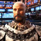 Humanoid Robot with Lifelike Face and Exposed Mechanical Neck and Shoulders Amid Digital Displays