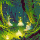 Ethereal fairies in luminous forest with overgrown trees