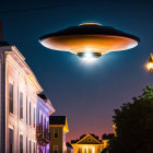 Night scene: Large UFO hovers over traditional street with bright beam and scattered lights