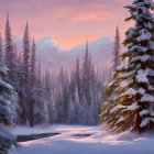 Snow-covered fir trees, frozen river, pink sky: Serene winter landscape.