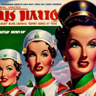 Vintage Poster: Three Women in Colorful Hats and Uniforms on Green Background