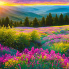 Scenic sunrise over lush mountain landscape with blooming wildflowers