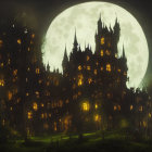 Gothic castle under full moon in misty forest