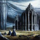 Gothic cathedral ruins and robed figures in desolate landscape