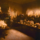 Dimly lit dining room with long table, candles, floral arrangements, and mist creating mystical ambiance