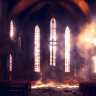 Stained glass windows illuminate empty church interior