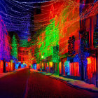 Colorful Christmas lights illuminate festive street scene at night