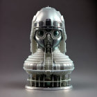 Detailed 3D futuristic robot head illustration with complex mechanical parts and polished metallic finish on stand