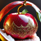 Red apple with gold ornate design and snow-covered leaf on dark background