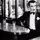 Monochrome image of Dracula-like character at bar with slicked-back hair