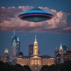 UFO emitting light over cityscape at dusk