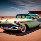 Vintage Turquoise Car with Chrome Detailing on Desert Road