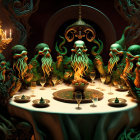 Opulent feast with bearded figures and ornate decor under candlelight