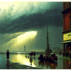 Stormy Evening Scene: People at Harbor with Dramatic Clouds, Wet Cobblestone, and