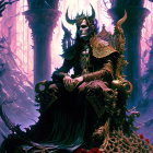 Regal figure in ornate armor on gothic throne in mystical forest