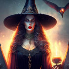 Mysterious woman in witch costume with wide-brimmed hat and glowing fire, accompanied by fiery bat