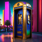 Futuristic blue phone booth with gold designs on twilight street