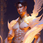 Two majestic male figures in golden armor with glowing wings in fantasy setting