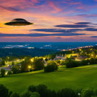 Unidentified Flying Object over illuminated houses at dusk