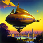 Steampunk airship with passengers flying over futuristic cityscape at sunset