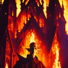 Dark ornate costume with horned figure in front of fiery backdrop