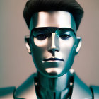 Shiny humanoid robot with stylized face on neutral background