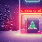 Neon-lit shop with Christmas tree in snowy night