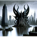 Giant fantastical creature with horns and tentacles overlooking stylized city skyline.