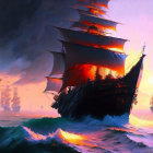 Majestic sailing ships on tumultuous sea at sunset