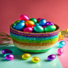 Colorful Easter egg basket on pink and blue background with scattered eggs and plants