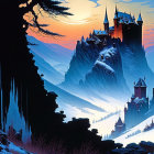 Fantasy landscape: castles, snowy valley, riders, colorful dusk sky