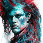 Vivid red and blue artistic portrait with intense eyes and feather-like textures