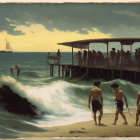 Vintage beach scene painting with people on pier, sailboat at sea, and crashing wave.