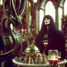 Gothic fantasy woman near black dragon sculpture in ornate decor