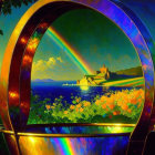 Colorful surreal painting of metallic loop framing seascape, rainbow, greenery, flowers.