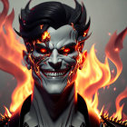 Digital art of demonic figure with fiery eyes and horns in blazing flames